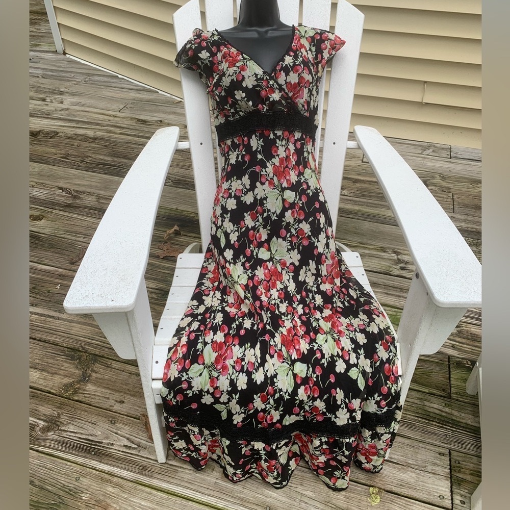 VTG midi dress Y2K Silk Cherry Blossoms empire waist hem babydoll Lace  XS/S 7/8